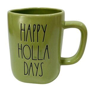 RAE DUNN GREEN HAPPY HOLLA DAYS MAGENTA CERAMIC TEA COFFEE CHRISTMAS MUG